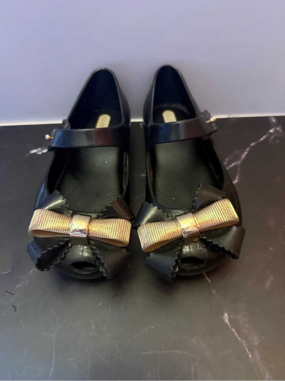 Mini Melissa Black Kids Mary Jane Shoes with Gold Bow